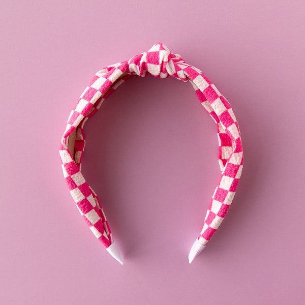 May - Pink Checkered Knotted Headband